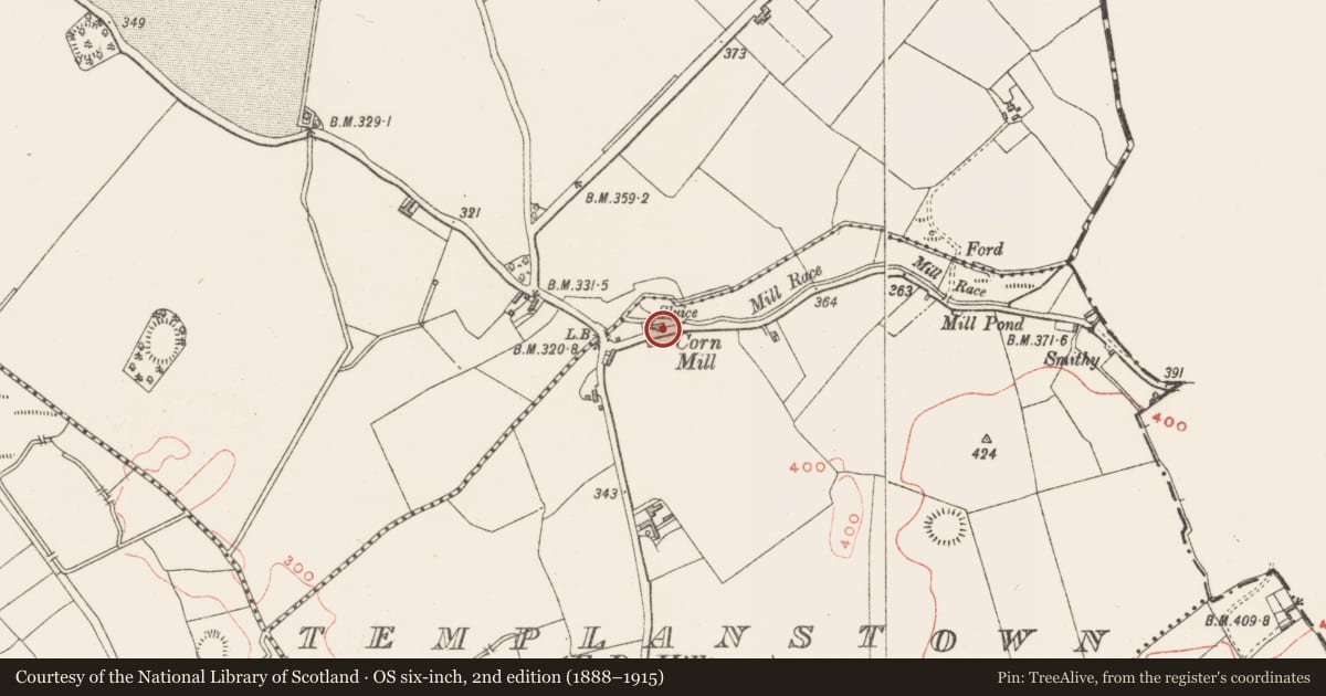 Ordnance Survey six-inch map, 2nd edition (1888–1915) covering the location of Water mill - unclassified, Templanstown, County Westmeath, with a pin at the register's coordinates