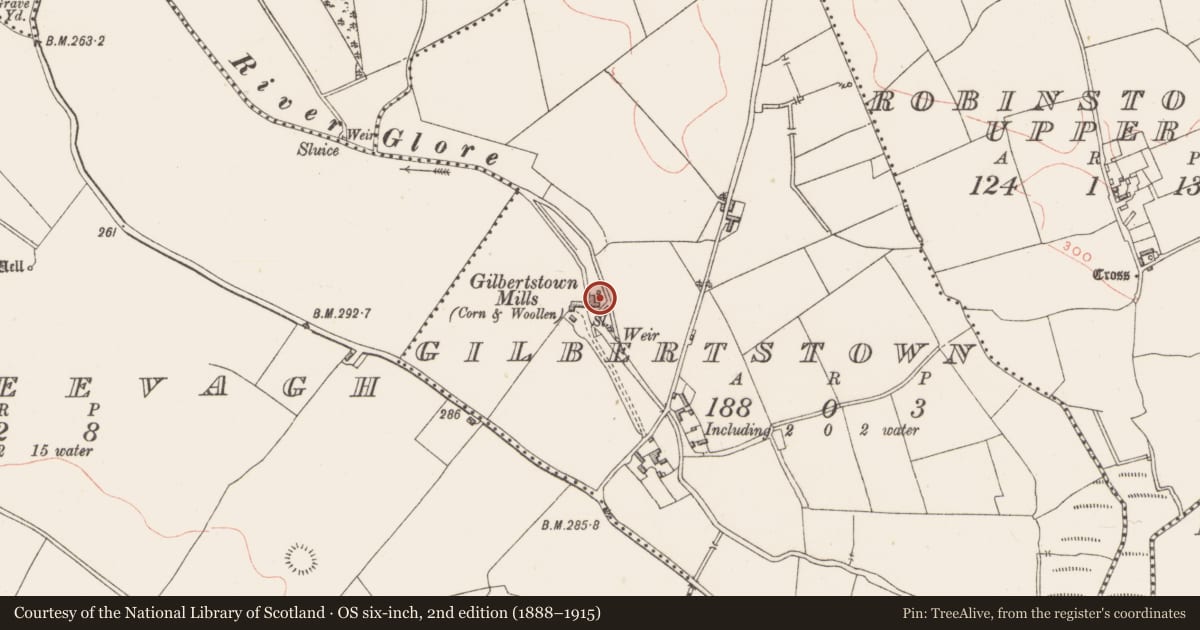 Ordnance Survey six-inch map, 2nd edition (1888–1915) covering the location of Water mill - unclassified, Gilbertstown, County Westmeath, with a pin at the register's coordinates