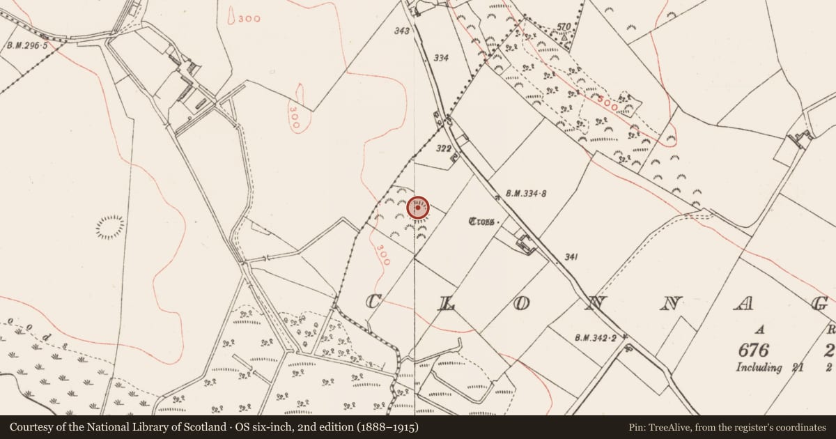 Ordnance Survey six-inch map, 2nd edition (1888–1915) covering the location of Hut site, Clonnageeragh, County Westmeath, with a pin at the register's coordinates