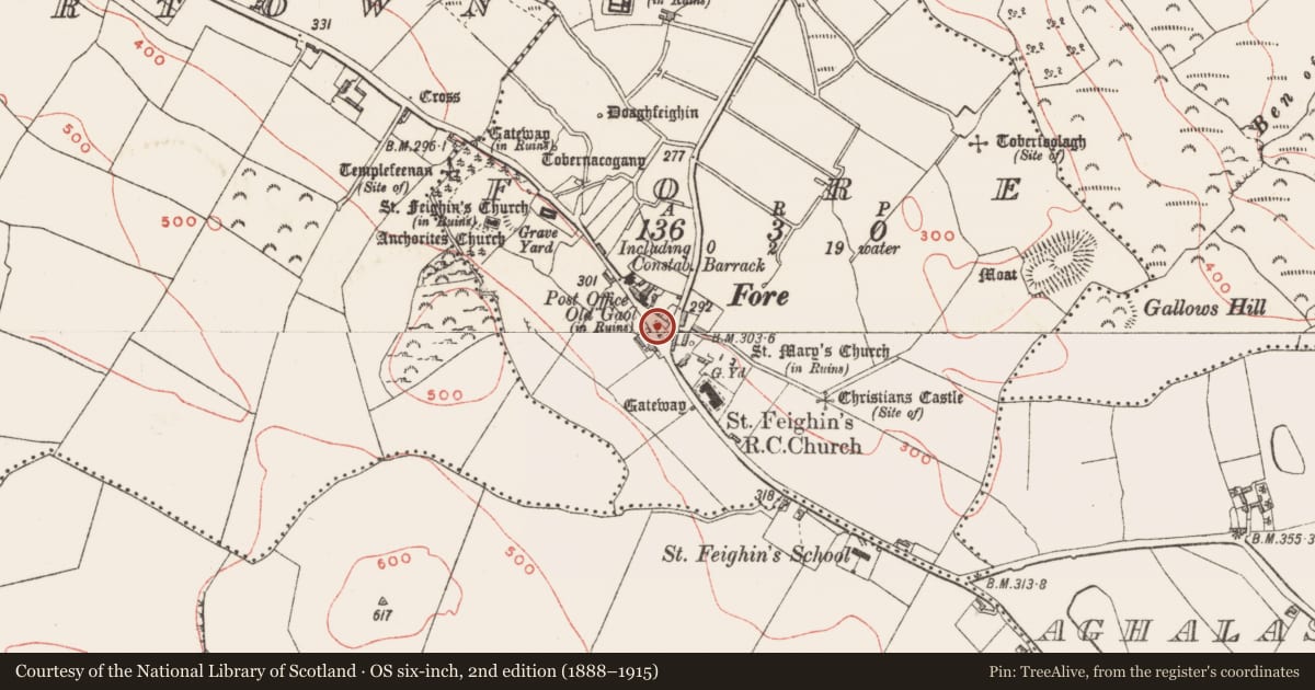 Ordnance Survey six-inch map, 2nd edition (1888–1915) covering the location of Historic town, Fore, County Westmeath, with a pin at the register's coordinates