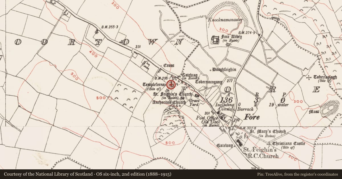 Ordnance Survey six-inch map, 2nd edition (1888–1915) covering the location of Church, Fore, County Westmeath, with a pin at the register's coordinates