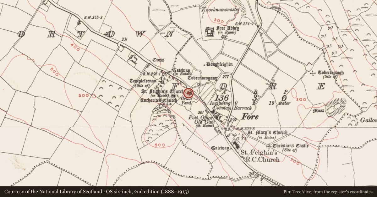 Ordnance Survey six-inch map, 2nd edition (1888–1915) covering the location of Church, Fore, County Westmeath, with a pin at the register's coordinates