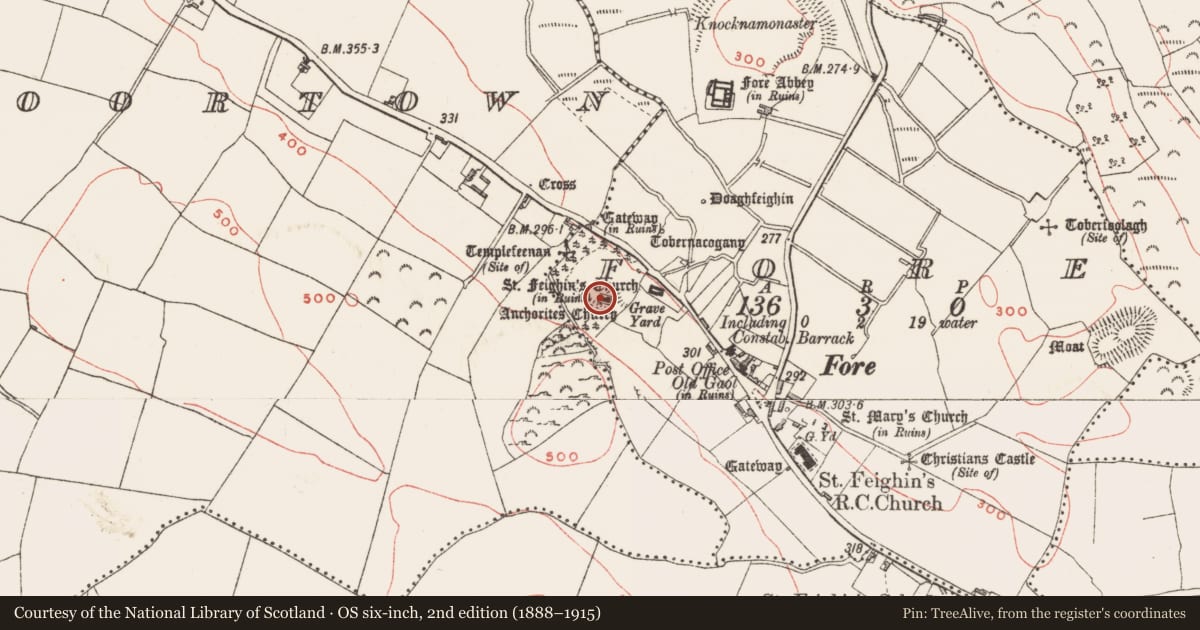 Ordnance Survey six-inch map, 2nd edition (1888–1915) covering the location of Church, Fore, County Westmeath, with a pin at the register's coordinates