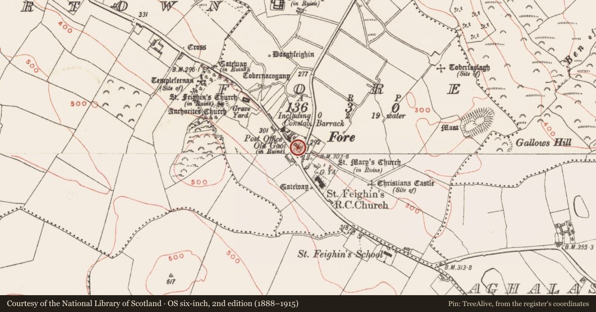 Ordnance Survey six-inch map, 2nd edition (1888–1915) covering the location of Prison, Fore, County Westmeath, with a pin at the register's coordinates