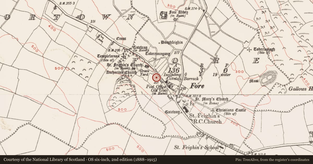 Ordnance Survey six-inch map, 2nd edition (1888–1915) covering the location of Souterrain, Fore, County Westmeath, with a pin at the register's coordinates