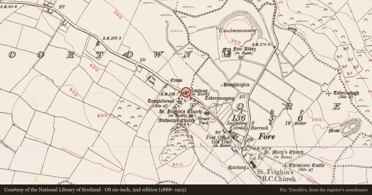 Ordnance Survey six-inch map, 2nd edition (1888–1915) covering the location of Town defences, Fore, County Westmeath, with a pin at the register's coordinates