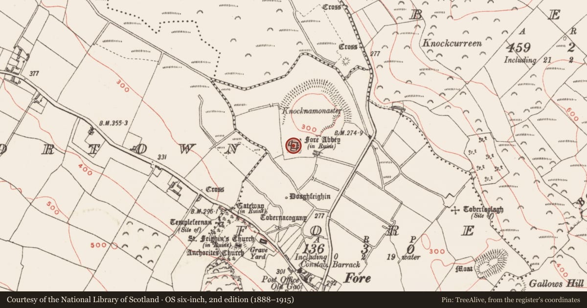 Ordnance Survey six-inch map, 2nd edition (1888–1915) covering the location of Religious house - Benedictine monks, Fore, County Westmeath, with a pin at the register's coordinates