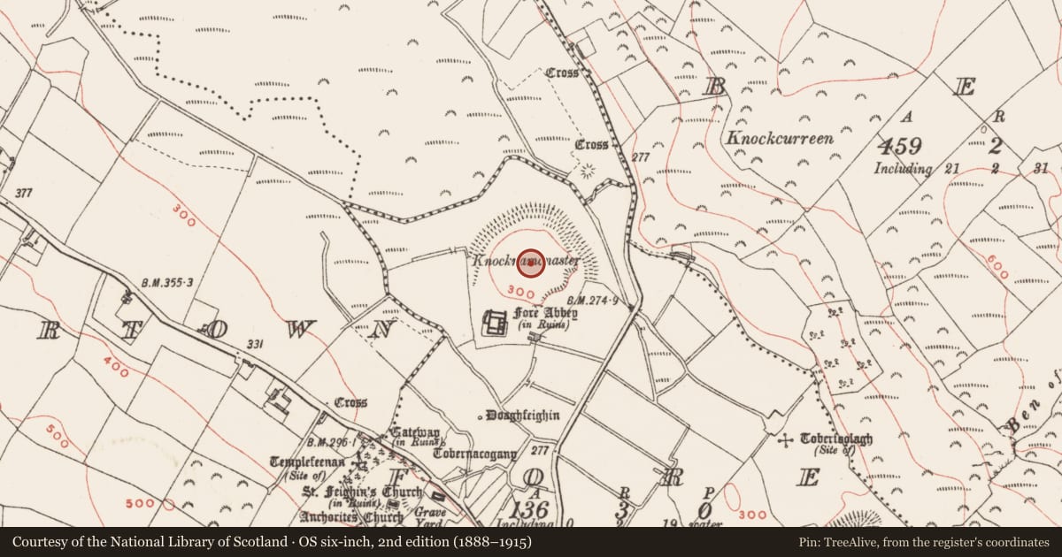 Ordnance Survey six-inch map, 2nd edition (1888–1915) covering the location of Earthwork, Fore, County Westmeath, with a pin at the register's coordinates
