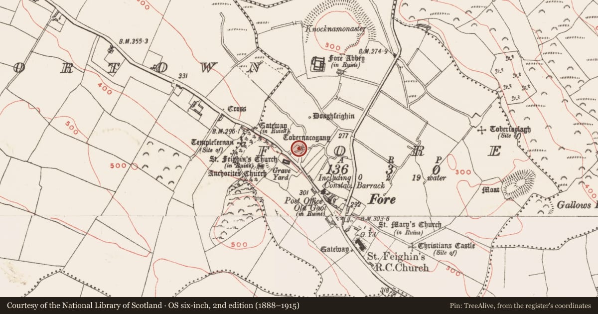 Ordnance Survey six-inch map, 2nd edition (1888–1915) covering the location of Water mill - vertical-wheeled, Fore, County Westmeath, with a pin at the register's coordinates