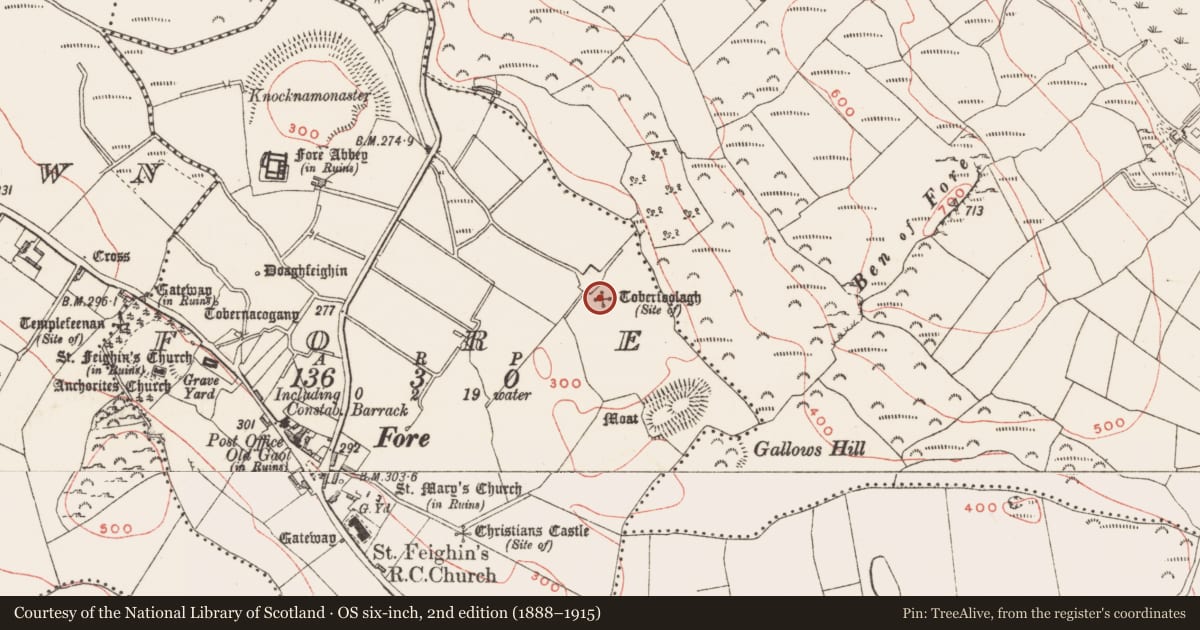 Ordnance Survey six-inch map, 2nd edition (1888–1915) covering the location of Ritual site - holy well, Fore, County Westmeath, with a pin at the register's coordinates