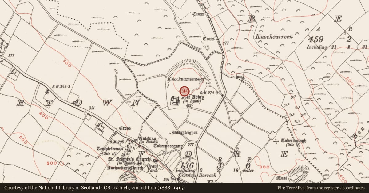 Ordnance Survey six-inch map, 2nd edition (1888–1915) covering the location of Dovecote, Fore, County Westmeath, with a pin at the register's coordinates