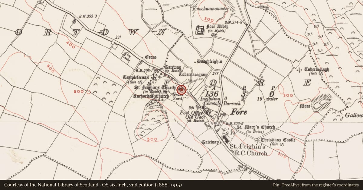 Ordnance Survey six-inch map, 2nd edition (1888–1915) covering the location of Cross - Wayside cross (present location), Fore, County Westmeath, with a pin at the register's coordinates