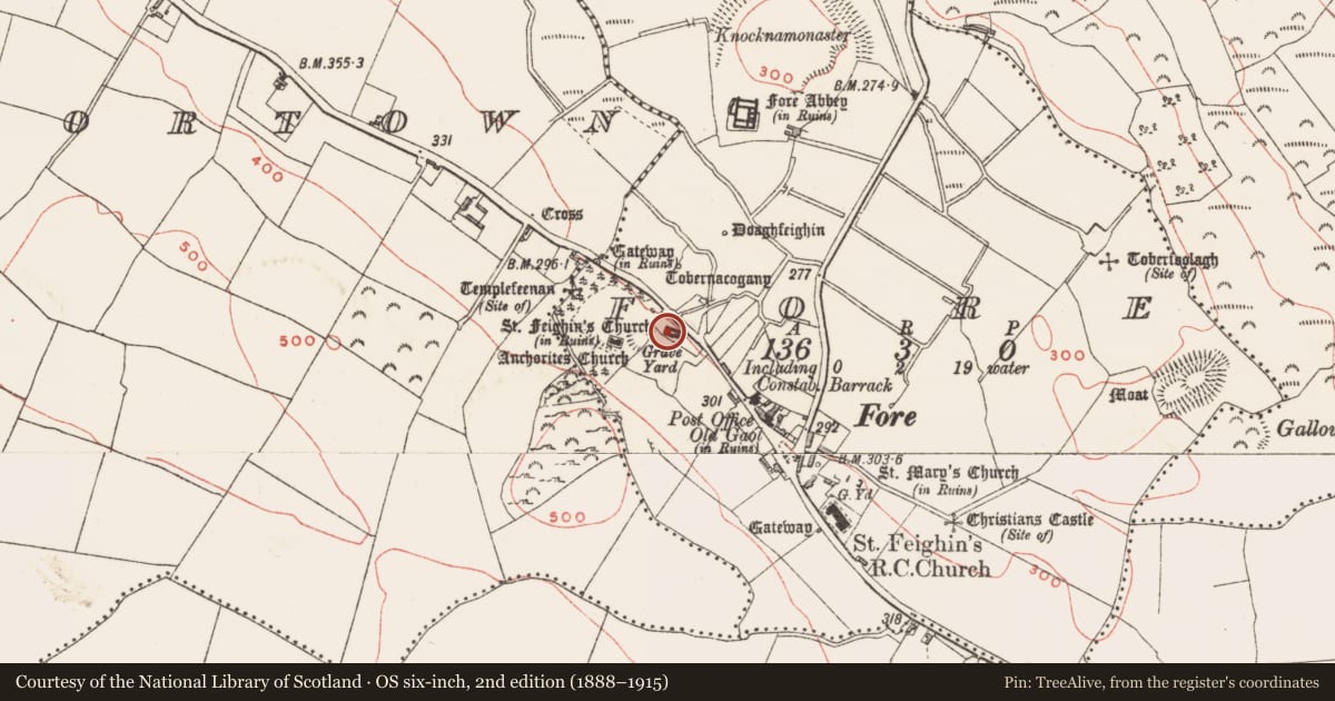 Ordnance Survey six-inch map, 2nd edition (1888–1915) covering the location of Cross-slab, Fore, County Westmeath, with a pin at the register's coordinates