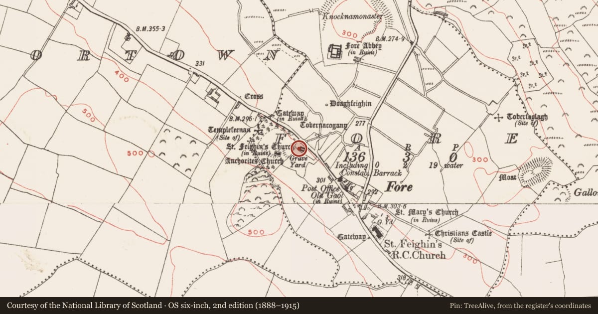 Ordnance Survey six-inch map, 2nd edition (1888–1915) covering the location of Font, Fore, County Westmeath, with a pin at the register's coordinates
