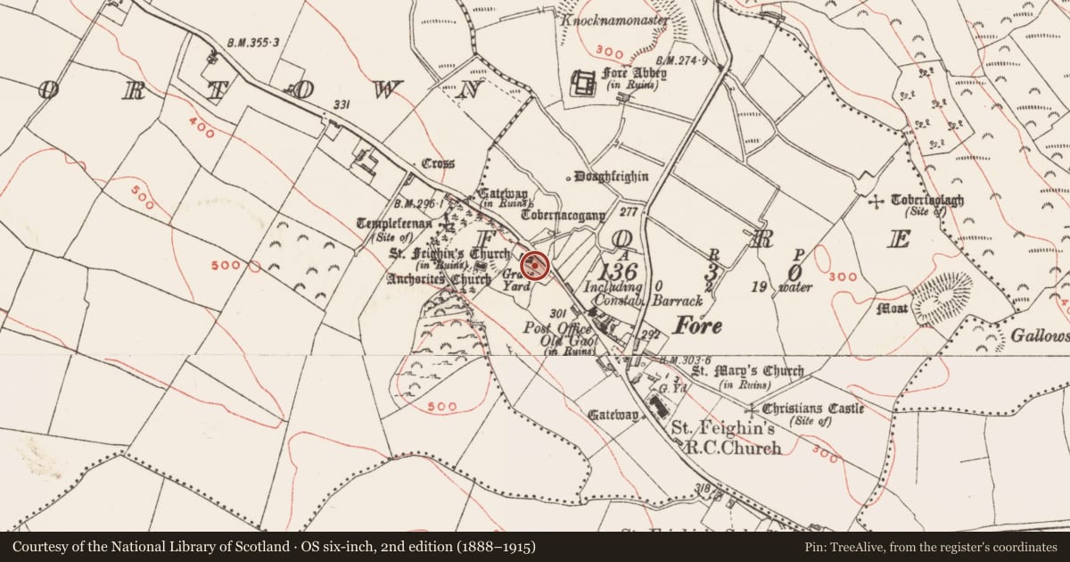 Ordnance Survey six-inch map, 2nd edition (1888–1915) covering the location of Cross - High cross, Fore, County Westmeath, with a pin at the register's coordinates