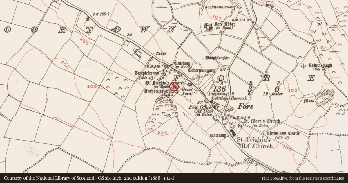 Ordnance Survey six-inch map, 2nd edition (1888–1915) covering the location of Wall monument, Fore, County Westmeath, with a pin at the register's coordinates
