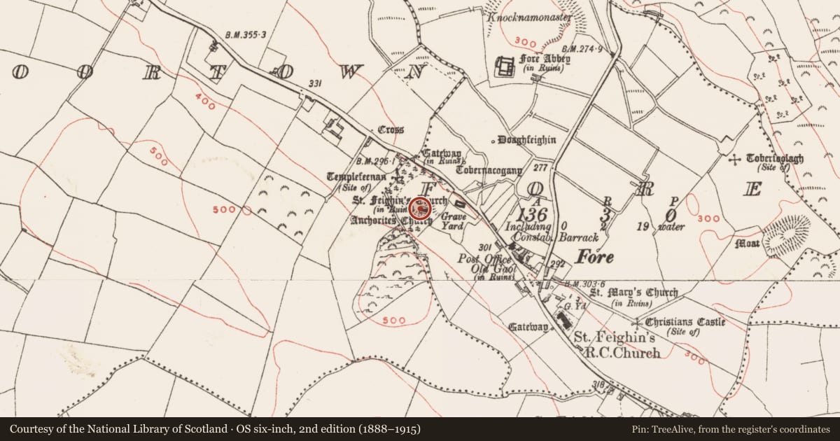 Ordnance Survey six-inch map, 2nd edition (1888–1915) covering the location of Wall monument, Fore, County Westmeath, with a pin at the register's coordinates
