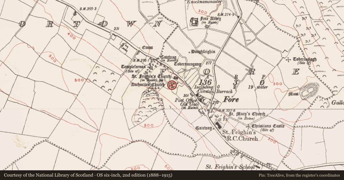 Ordnance Survey six-inch map, 2nd edition (1888–1915) covering the location of Graveyard, Fore, County Westmeath, with a pin at the register's coordinates