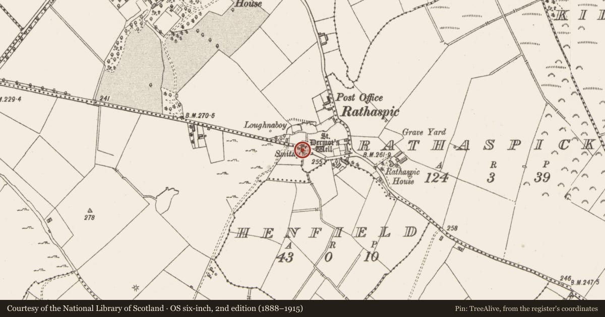 Ordnance Survey six-inch map, 2nd edition (1888–1915) covering the location of Ritual site - holy well, Crumlin, County Westmeath, with a pin at the register's coordinates