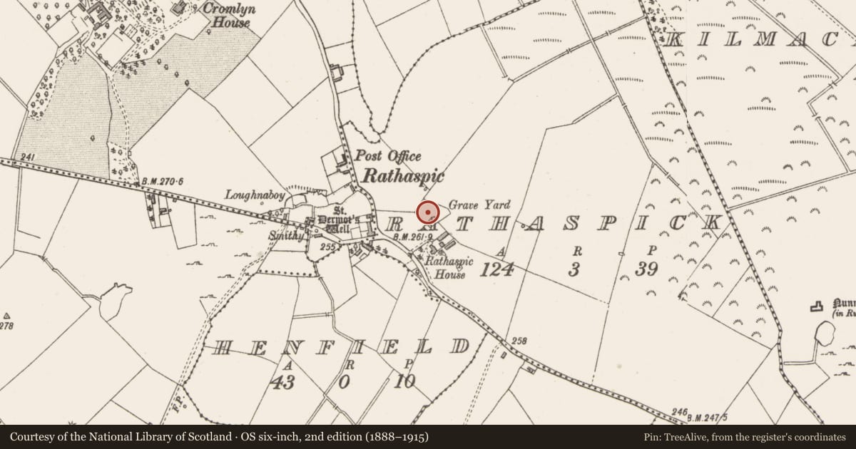 Ordnance Survey six-inch map, 2nd edition (1888–1915) covering the location of Graveyard, Rathaspick, County Westmeath, with a pin at the register's coordinates