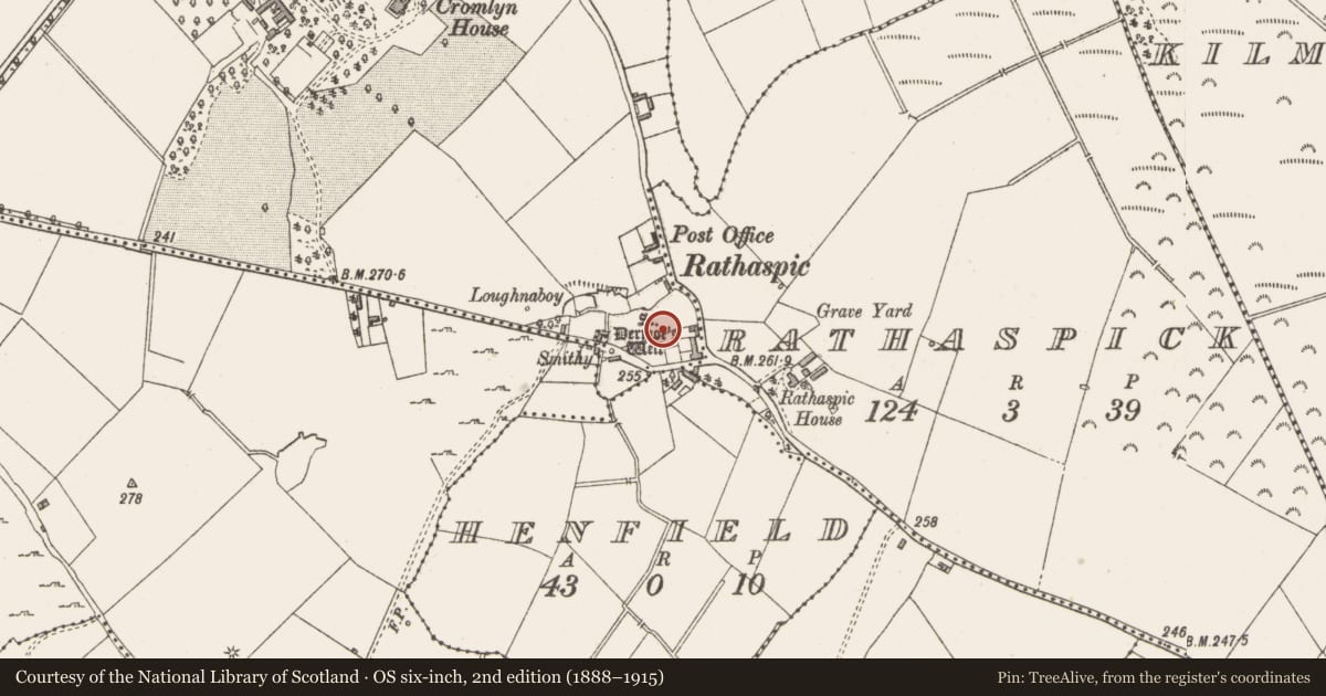 Ordnance Survey six-inch map, 2nd edition (1888–1915) covering the location of Ecclesiastical enclosure, Rathaspick, County Westmeath, with a pin at the register's coordinates
