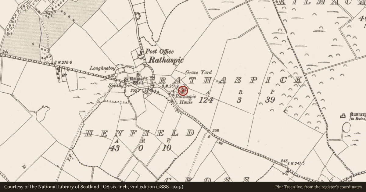 Ordnance Survey six-inch map, 2nd edition (1888–1915) covering the location of Castle - unclassified, Rathaspick, County Westmeath, with a pin at the register's coordinates