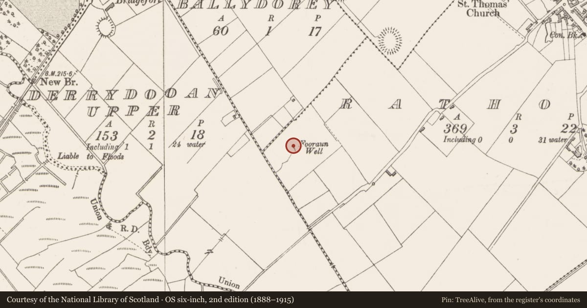 Ordnance Survey six-inch map, 2nd edition (1888–1915) covering the location of Well, Rathowen, County Westmeath, with a pin at the register's coordinates