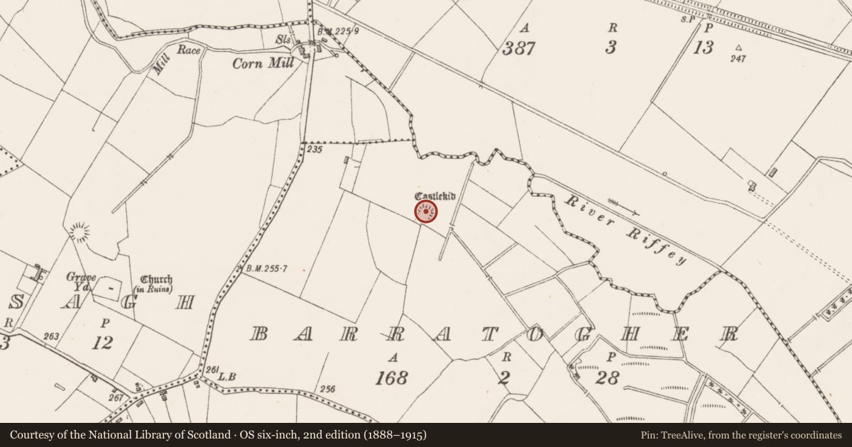 Ordnance Survey six-inch map, 2nd edition (1888–1915) covering the location of Moated site, Barratogher, County Westmeath, with a pin at the register's coordinates