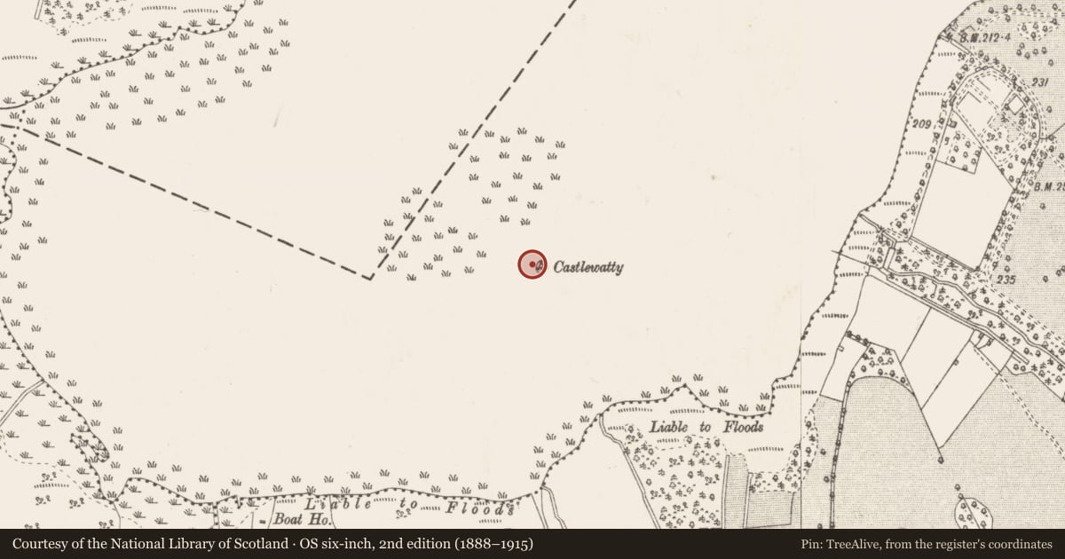 Ordnance Survey six-inch map, 2nd edition (1888–1915) covering the location of Crannog, Donore, County Westmeath, with a pin at the register's coordinates
