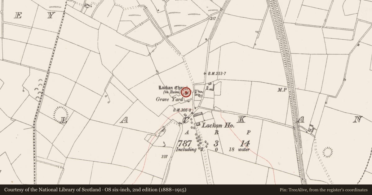 Ordnance Survey six-inch map, 2nd edition (1888–1915) covering the location of Cross-slab, Lackan, County Westmeath, with a pin at the register's coordinates