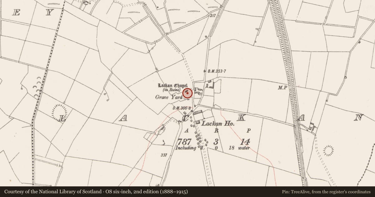 Ordnance Survey six-inch map, 2nd edition (1888–1915) covering the location of Graveslab, Lackan, County Westmeath, with a pin at the register's coordinates