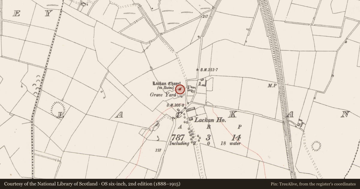 Ordnance Survey six-inch map, 2nd edition (1888–1915) covering the location of Graveslab, Lackan, County Westmeath, with a pin at the register's coordinates