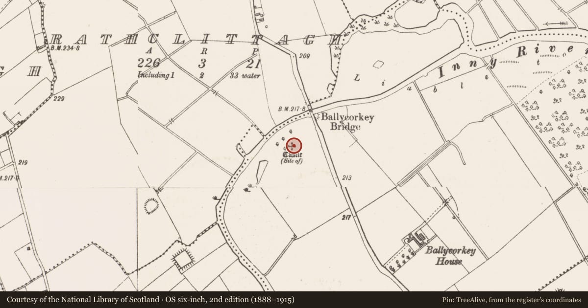 Ordnance Survey six-inch map, 2nd edition (1888–1915) covering the location of Castle - unclassified, Ballycorkey, County Westmeath, with a pin at the register's coordinates