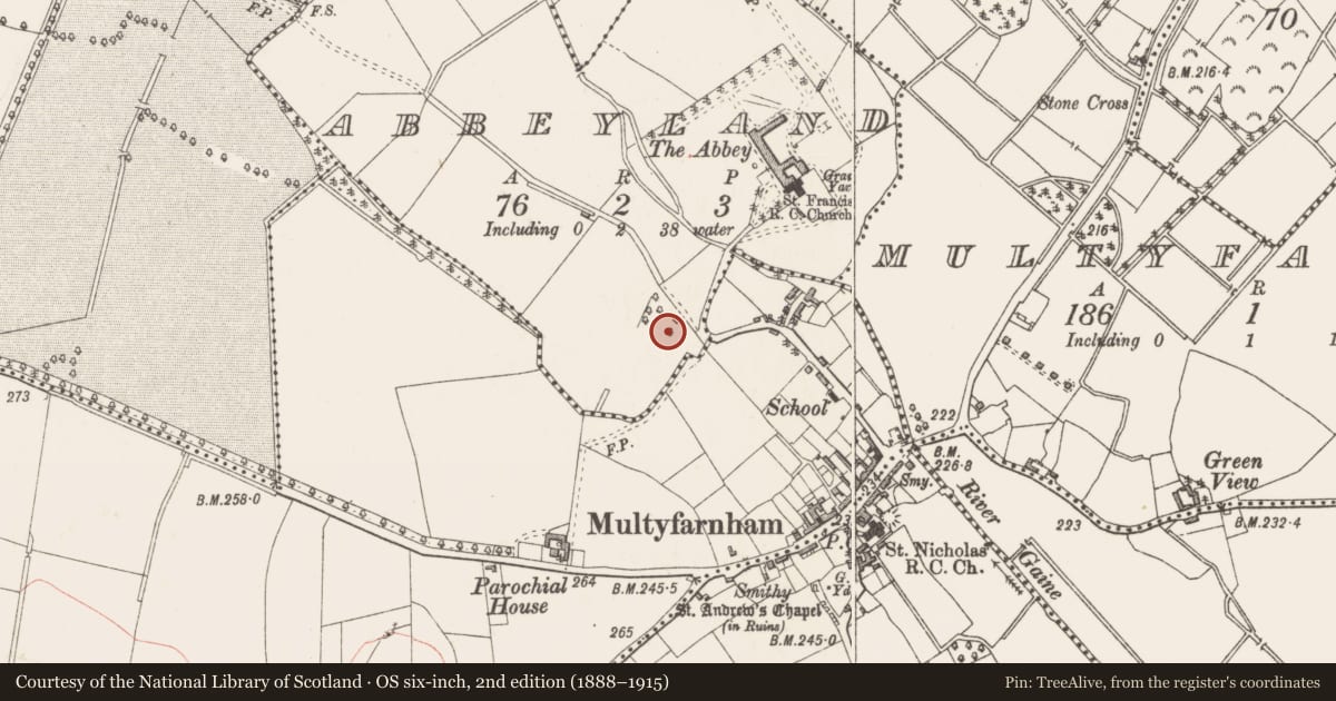 Ordnance Survey six-inch map, 2nd edition (1888–1915) covering the location of Ecclesiastical site, Abbeyland, County Westmeath, with a pin at the register's coordinates