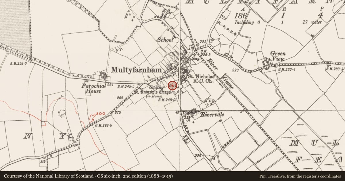 Ordnance Survey six-inch map, 2nd edition (1888–1915) covering the location of Church, Ballindurrow, County Westmeath, with a pin at the register's coordinates