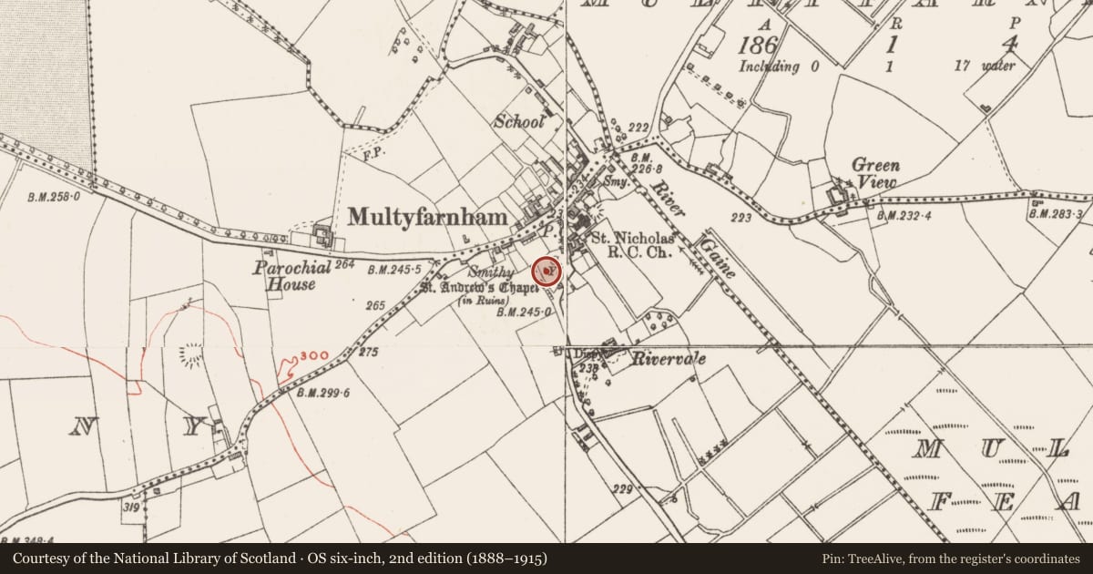Ordnance Survey six-inch map, 2nd edition (1888–1915) covering the location of Graveyard, Ballindurrow, County Westmeath, with a pin at the register's coordinates