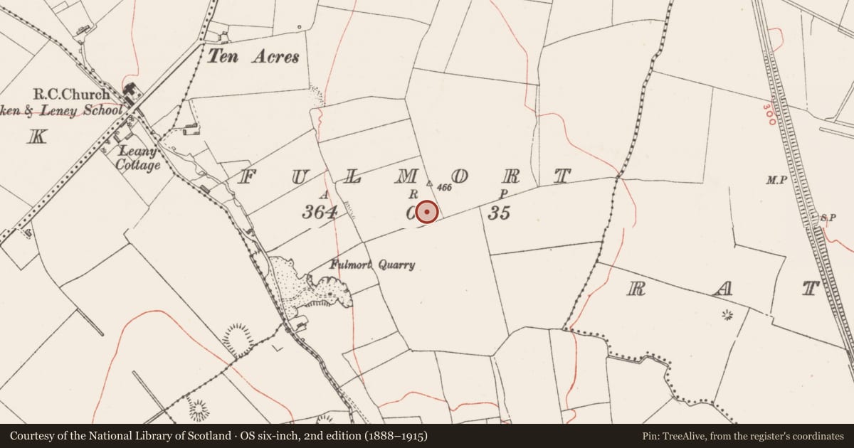 Ordnance Survey six-inch map, 2nd edition (1888–1915) covering the location of Barrow - mound barrow, Fulmort, County Westmeath, with a pin at the register's coordinates