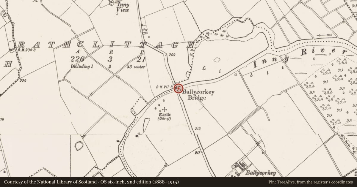 Ordnance Survey six-inch map, 2nd edition (1888–1915) covering the location of Bridge, Rathclittagh, Ballycorkey, County Westmeath, with a pin at the register's coordinates