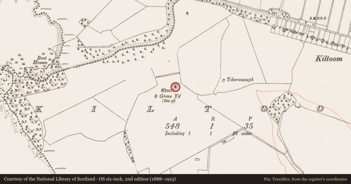 Ordnance Survey six-inch map, 2nd edition (1888–1915) covering the location of Church, Kiltoom, County Westmeath, with a pin at the register's coordinates