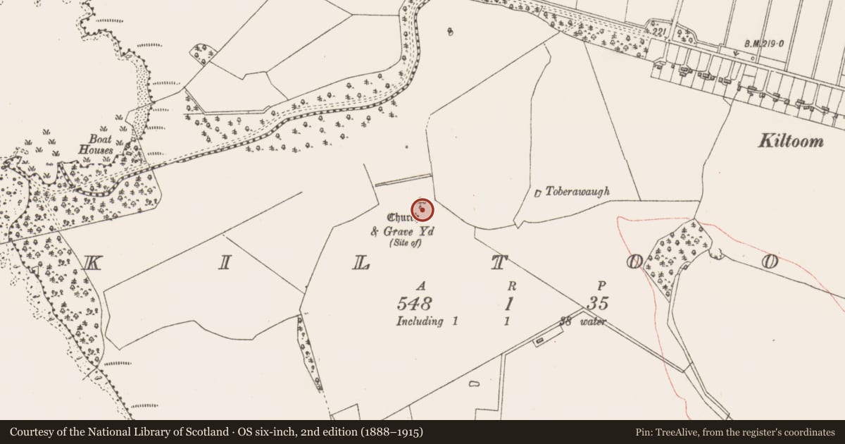 Ordnance Survey six-inch map, 2nd edition (1888–1915) covering the location of Graveyard, Kiltoom, County Westmeath, with a pin at the register's coordinates