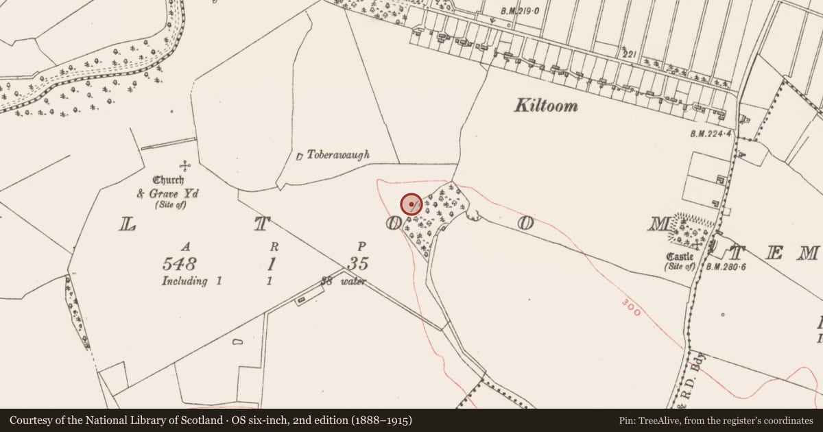 Ordnance Survey six-inch map, 2nd edition (1888–1915) covering the location of Ringfort - unclassified, Kiltoom, County Westmeath, with a pin at the register's coordinates