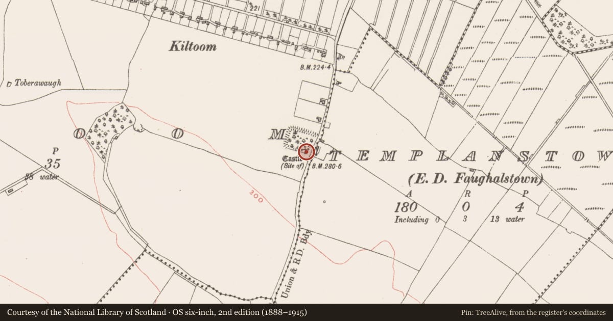 Ordnance Survey six-inch map, 2nd edition (1888–1915) covering the location of Castle - unclassified, Kiltoom, County Westmeath, with a pin at the register's coordinates
