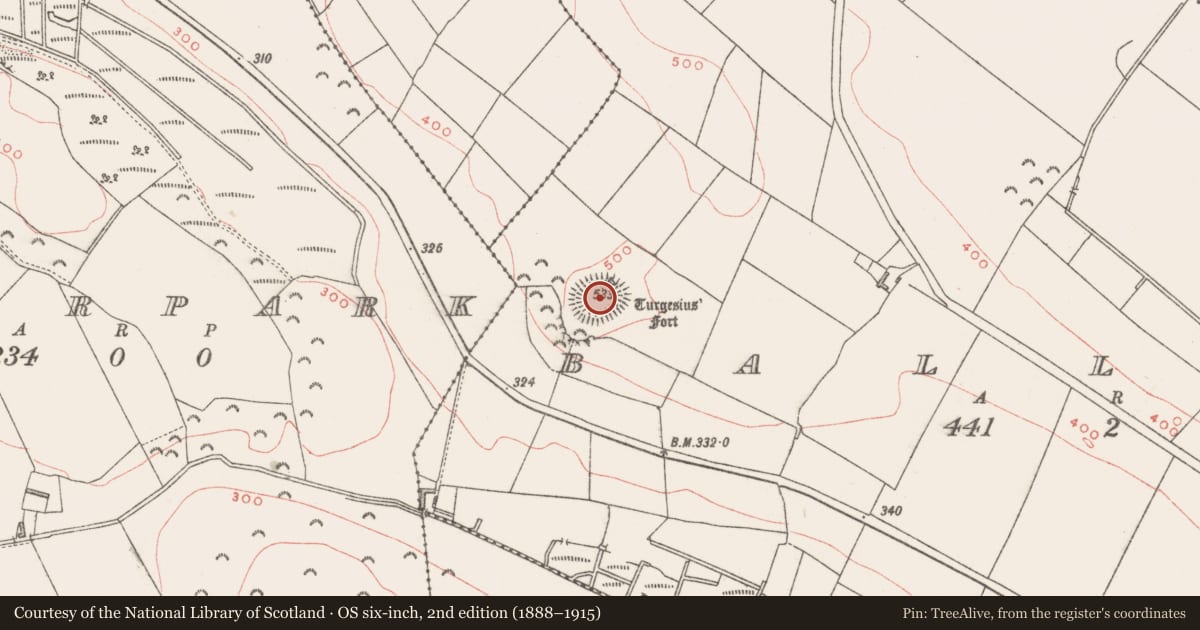 Ordnance Survey six-inch map, 2nd edition (1888–1915) covering the location of Hilltop enclosure, Ballany, County Westmeath, with a pin at the register's coordinates