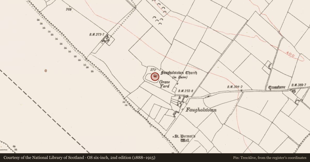 Ordnance Survey six-inch map, 2nd edition (1888–1915) covering the location of Church, Faughalstown, County Westmeath, with a pin at the register's coordinates