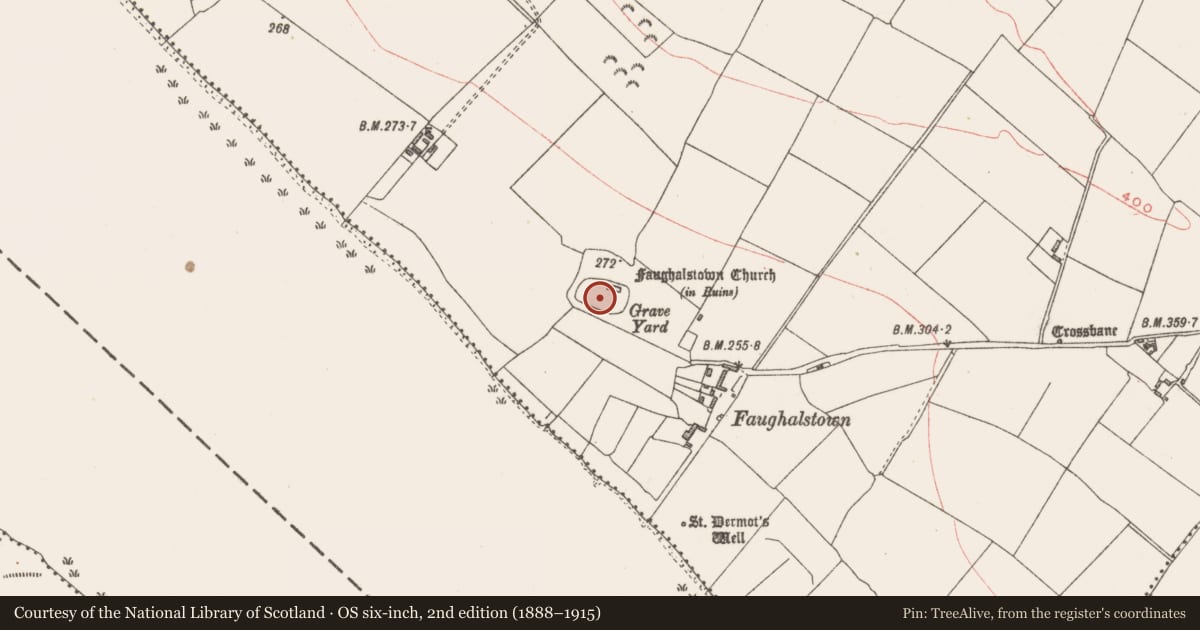 Ordnance Survey six-inch map, 2nd edition (1888–1915) covering the location of Graveyard, Faughalstown, County Westmeath, with a pin at the register's coordinates