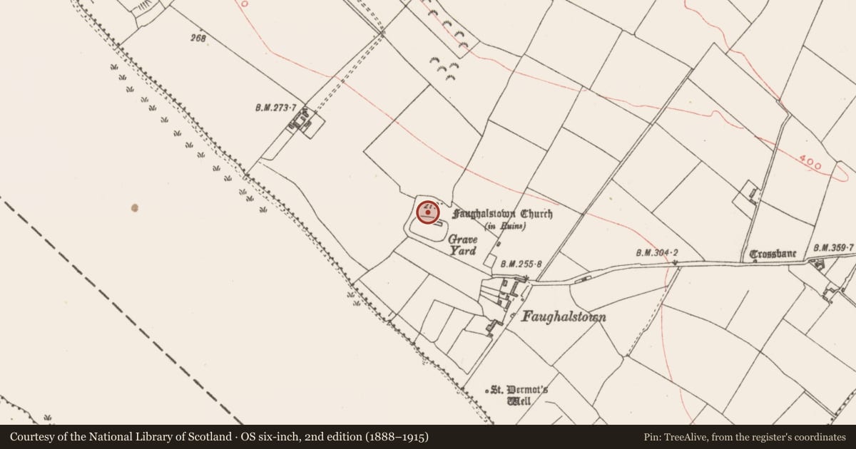Ordnance Survey six-inch map, 2nd edition (1888–1915) covering the location of Ecclesiastical enclosure, Faughalstown, County Westmeath, with a pin at the register's coordinates