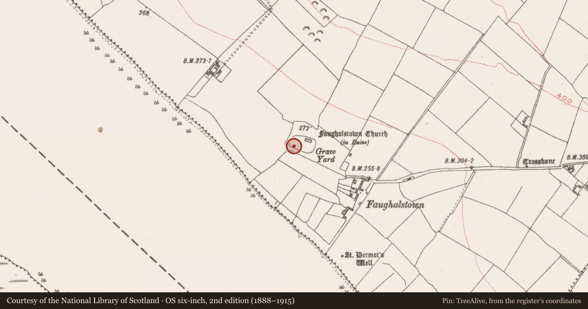 Ordnance Survey six-inch map, 2nd edition (1888–1915) covering the location of Font, Faughalstown, County Westmeath, with a pin at the register's coordinates