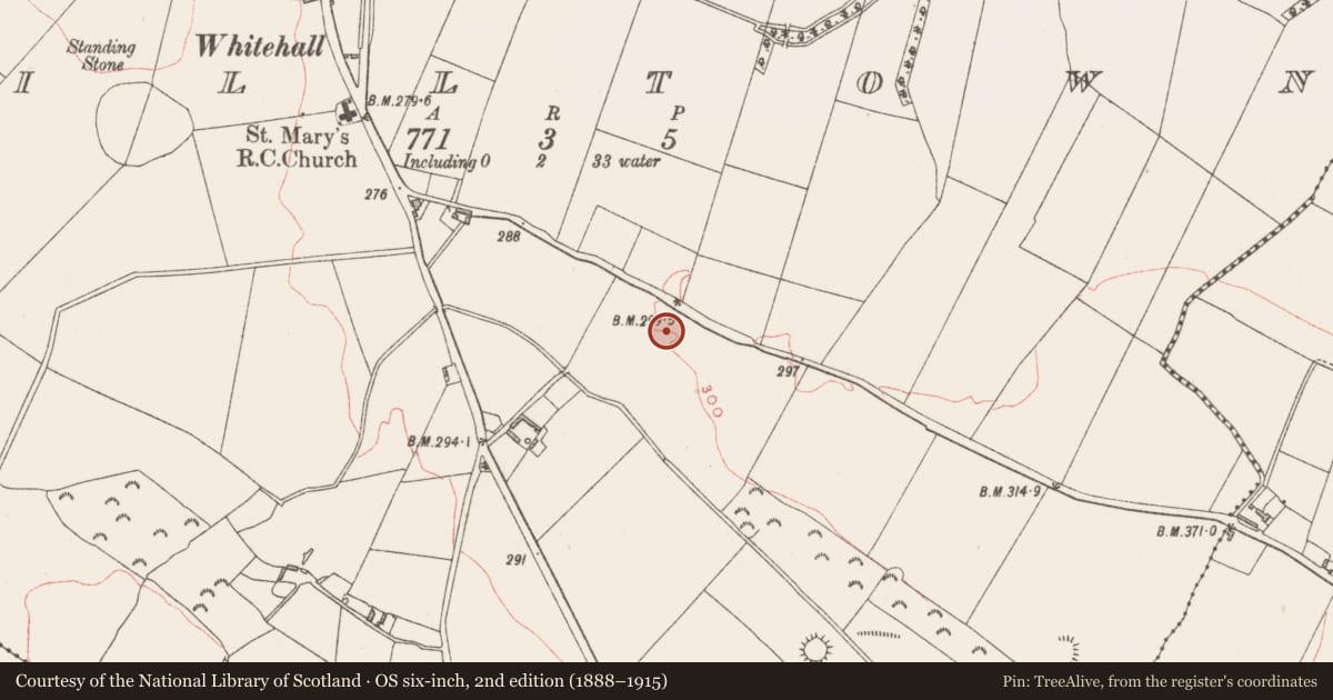 Ordnance Survey six-inch map, 2nd edition (1888–1915) covering the location of Moated site, Milltown, County Westmeath, with a pin at the register's coordinates