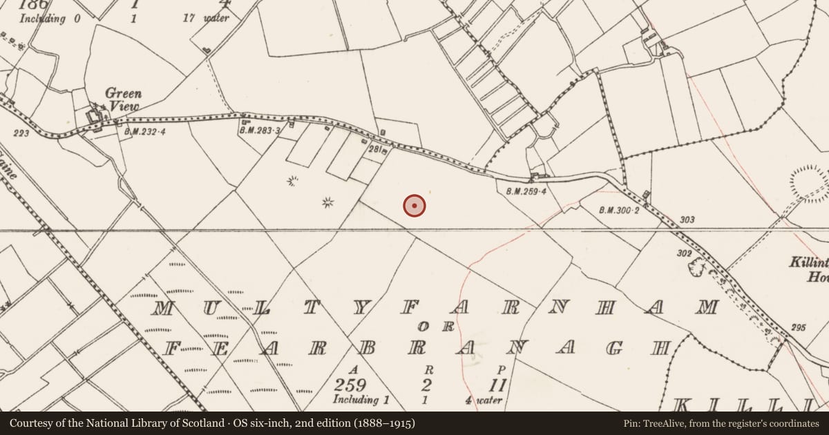 Ordnance Survey six-inch map, 2nd edition (1888–1915) covering the location of Burial mound, Multyfarnham, County Westmeath, with a pin at the register's coordinates