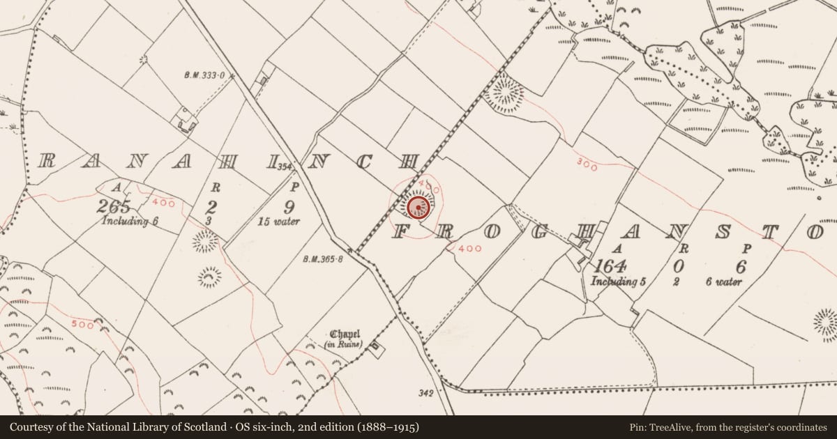 Ordnance Survey six-inch map, 2nd edition (1888–1915) covering the location of Hut site, Froghanstown, County Westmeath, with a pin at the register's coordinates